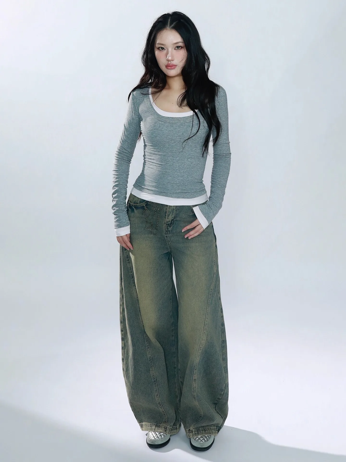 

Джинсовые брюки Localmansion оригинального дизайна с узором из заклепок-узелков, винтажные, с эффектом потертости, модель «Бананы», нейтральный стиль