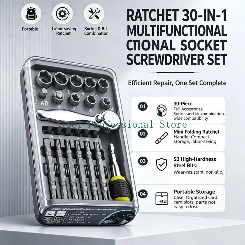 57QF Home Repair Hand Tool Set With Mini Ratchet Handle, Bits and Socket, 30-Piece Assortment in a Dedicated Slot Storage Case