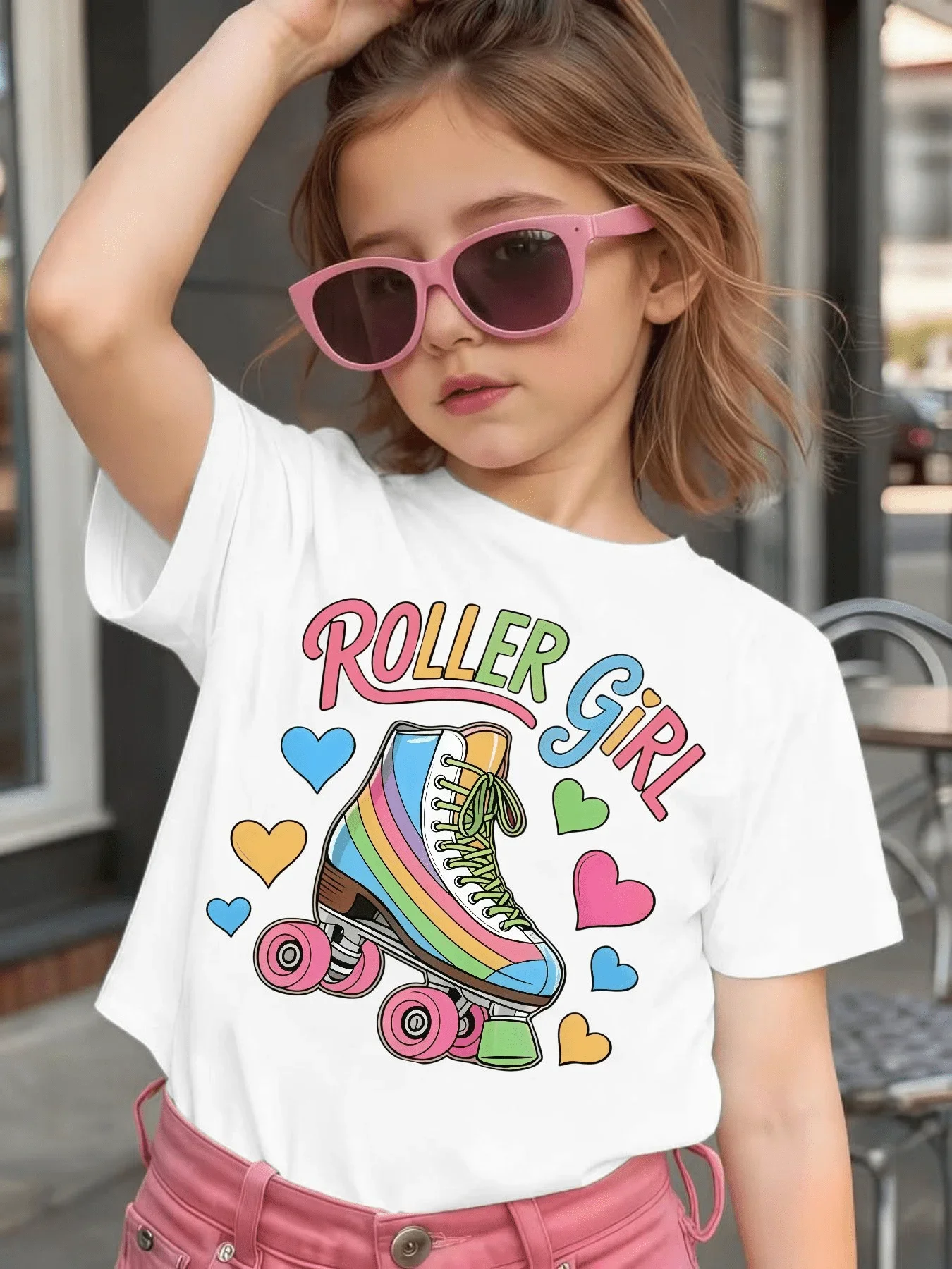 Cute Roller Girl Skate Heart Graphic Tee for Kids - Boys & Girls Cotton Crew Neck Short Sleeve Soft Casual Summer Top