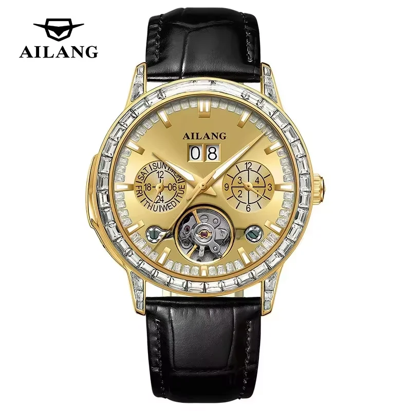 

Оригинальные автоматические механические часы AILANG с кожаным ремешком, турбийоном, унисекс, с покрытым стеклом, календарем, водонепроницаемые, подарок, модель 8176