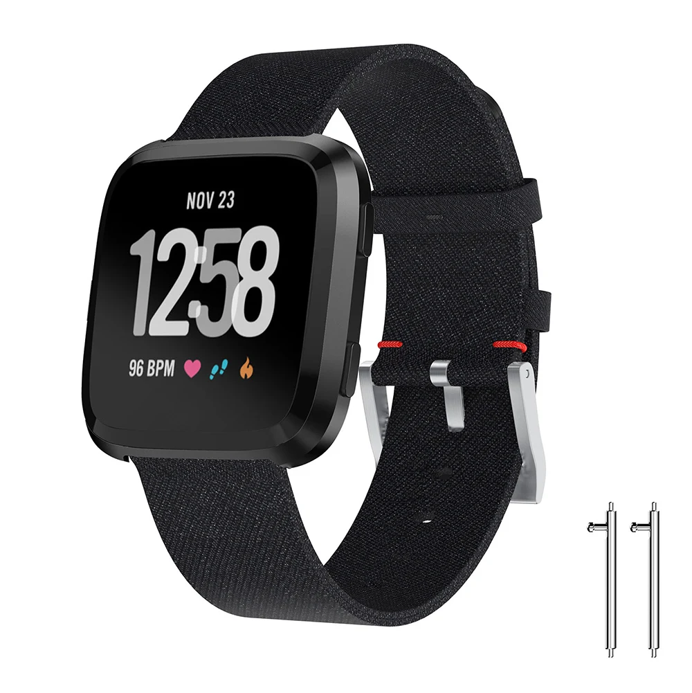 حزام ساعة Fitbit Versa قابل للتعديل بإبزيم كلاسيكي من قماش الجينز مع قضبان زنبركية - أسود