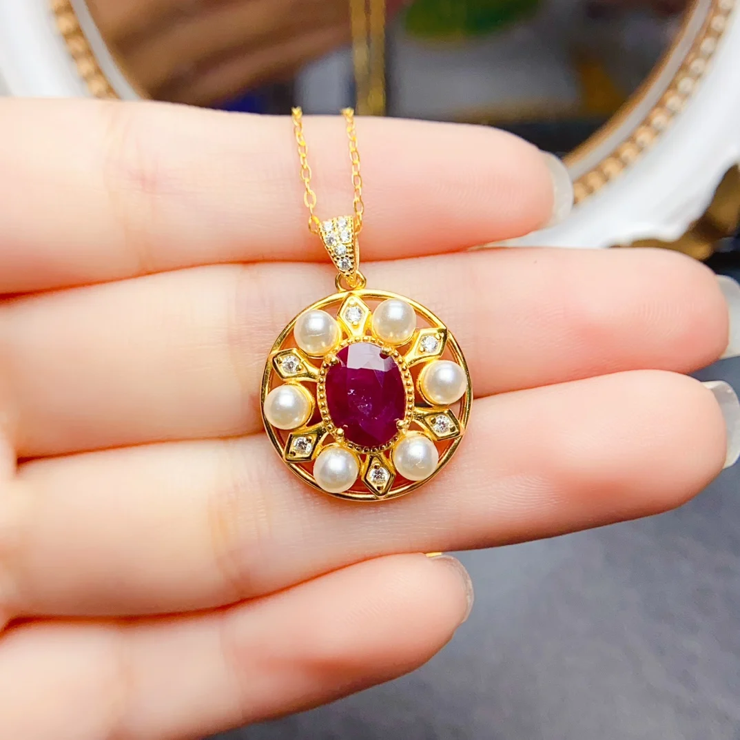 FS 7*9mm Fine Natural Ruby Pendant Real S925 Sterling Silver Charm Weddings Jewelry Gift for Women With Certificate MeiBaPJ