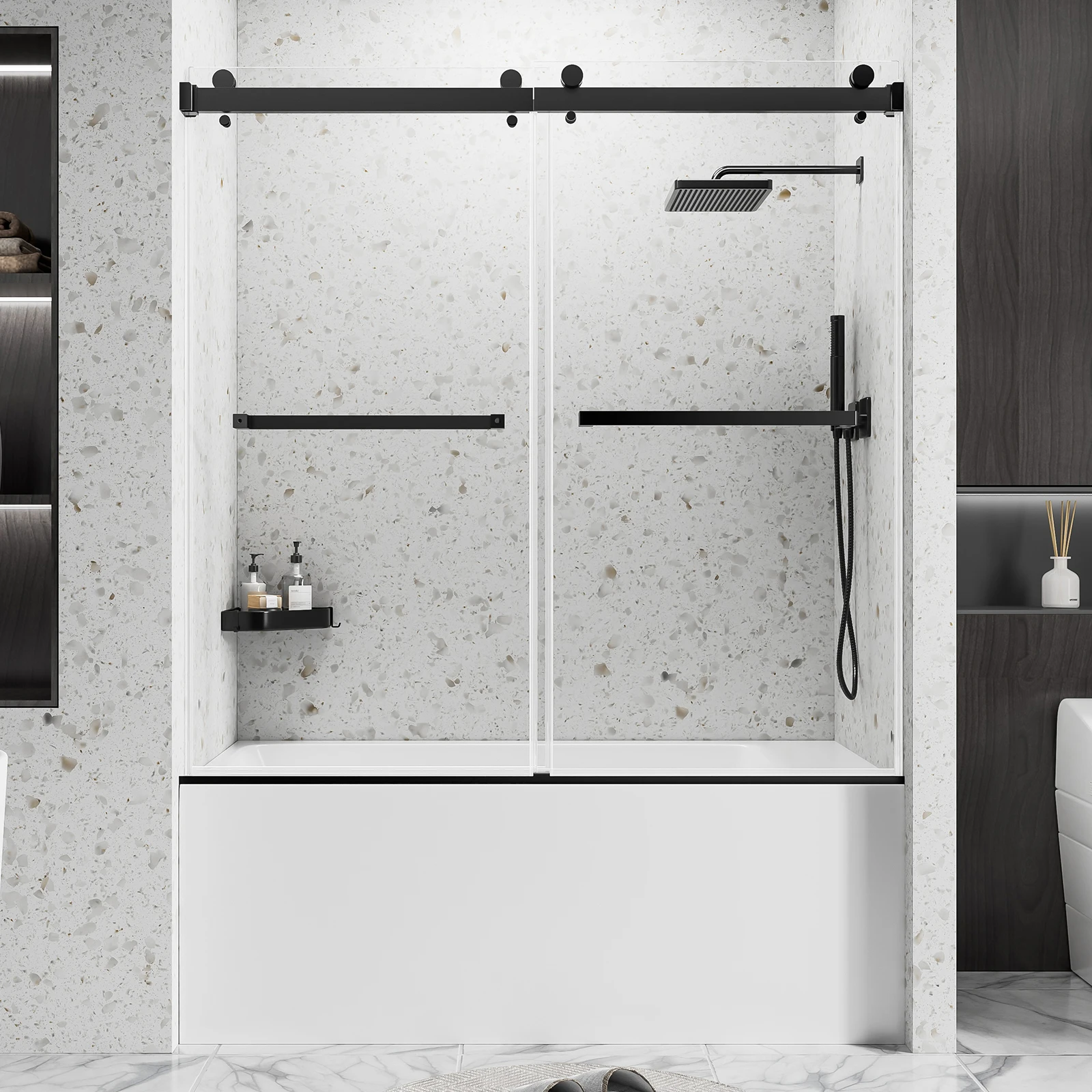 

56-60" W x 60" H Matte Black Top Mount Double Bypass Sliding Tub Shower Door, 1/4"(6mm) ANSI SGCC Clear Tempered Glass with Explosion-Proof Safety Film, Anti-Collision Buffer Hardware & 4 Inch Cuttable Adjustable Top Rail for Bathtub Opening