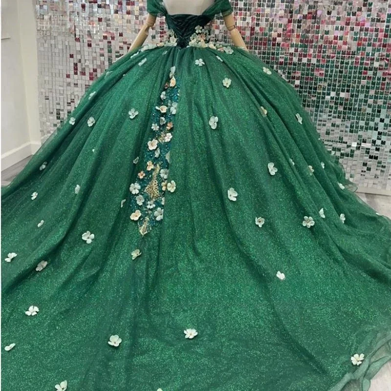 Personalizado de luxo verde vestido de baile quinceanera personalizado 2025 princessflower longo doce 15 16 anos festa de aniversário da menina