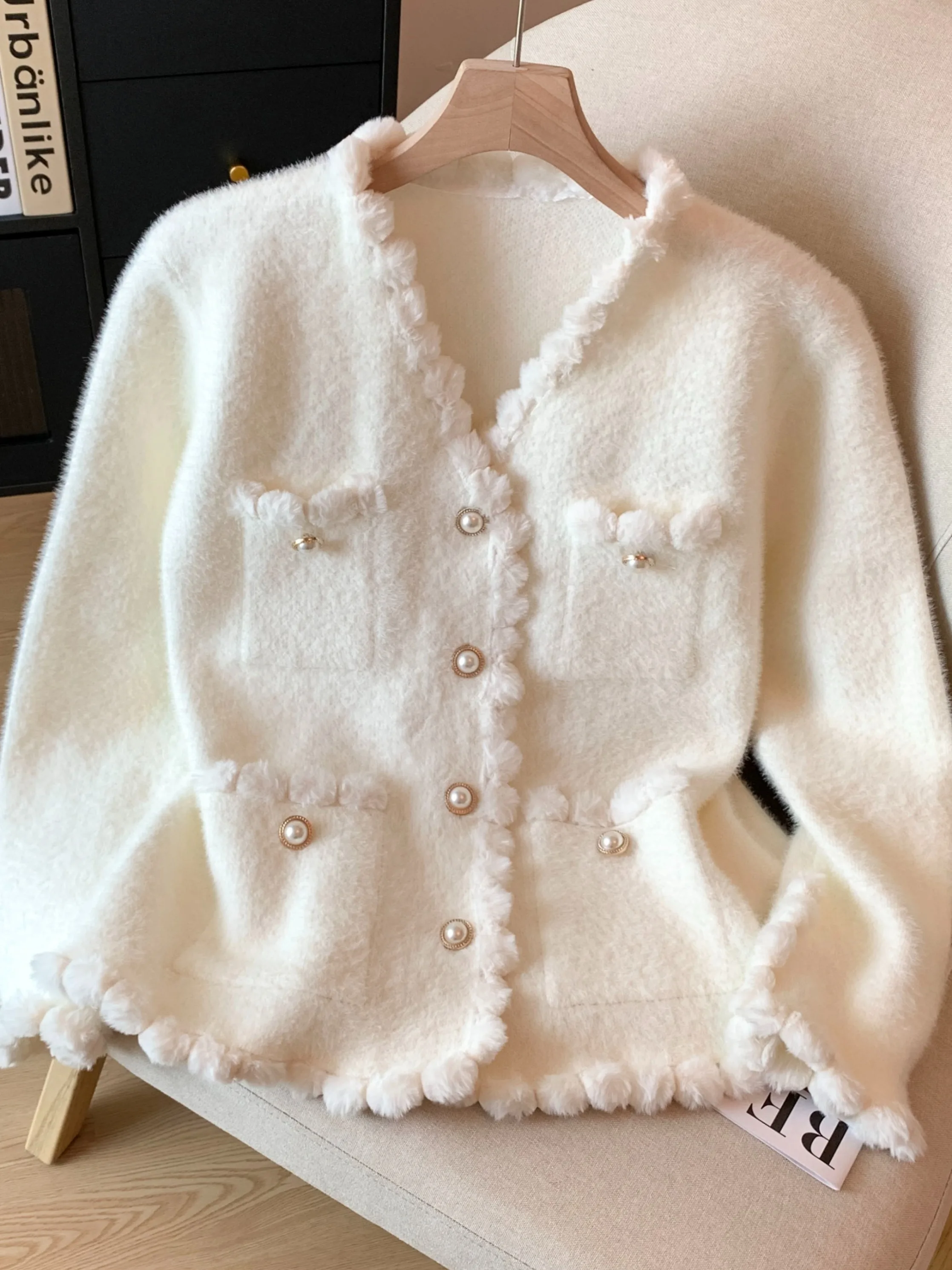 Thiened v-ne vison pull manteau femmes automne hiver haut de gamme sentiments auto-préservation Sle haut chaud coréen coupe ample