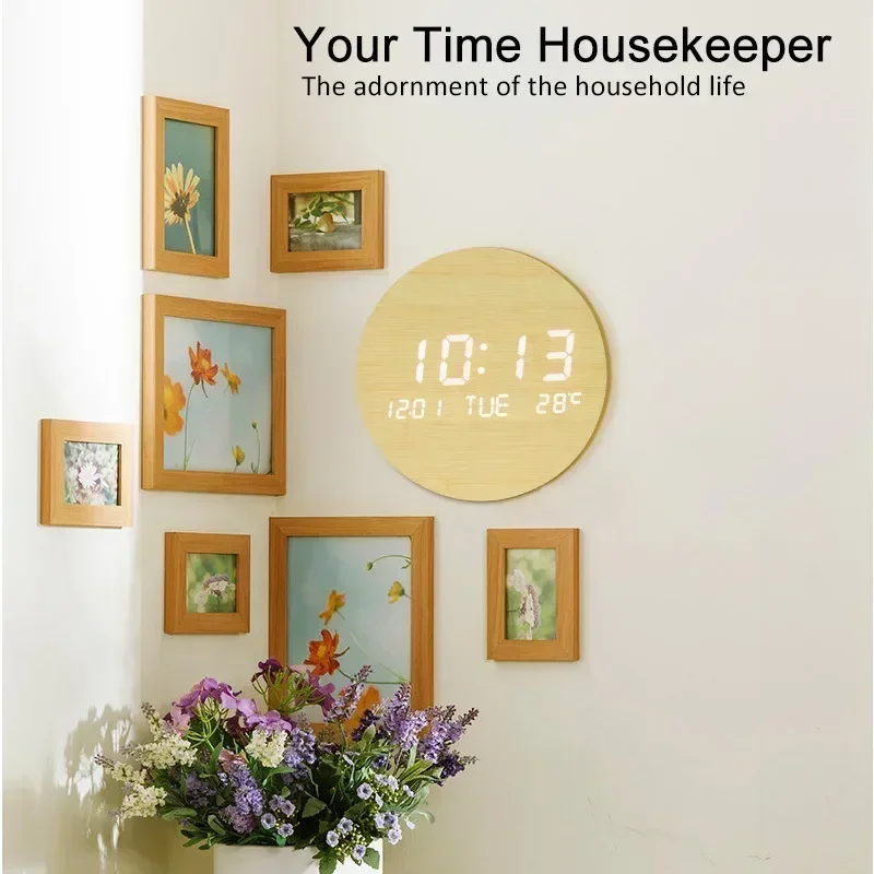 Solid Wood Color Round LED Wall Clock Nordic Style Digital Temperature Date Display Silent Clock Living Room Bedroom Wall Decor