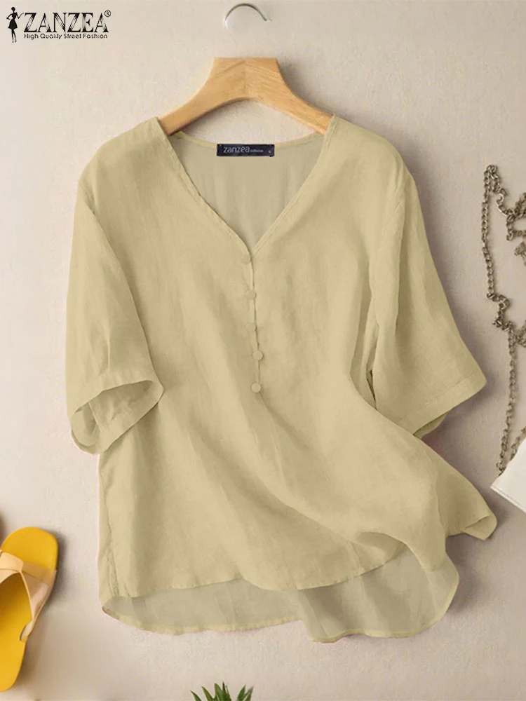 

2025 ZANZEA Women Summer V Neck Short Sleeve Blouses Casual Shirt Elegant Solid Work OL Tunic Tops Loose Chemise High Low Blusas