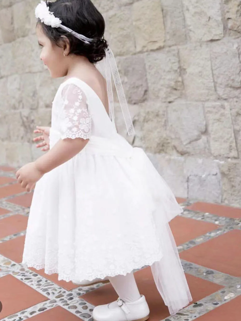 Vintage First Communion Dress Half Sleeve White Lace Flower Girl Dress Bow Sash Tulle Long Child Wedding Party Birthday Vestido