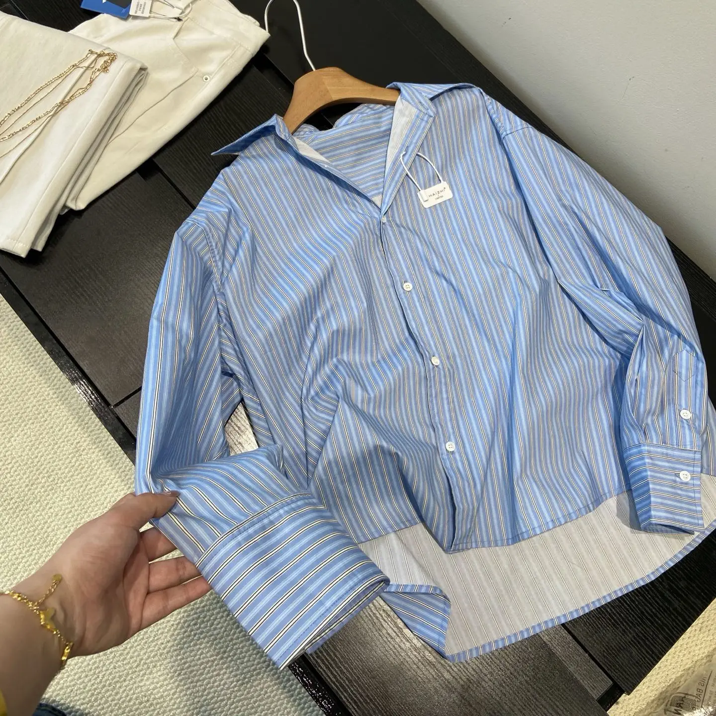 

Свободные хлопковые рубашки для женщин с отложным воротником, в полоску, из матового хлопка туссур, весна 2025, новинка, эксклюзив