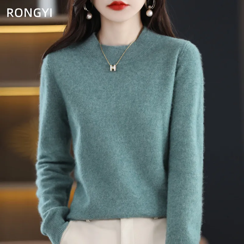 RONGYI-Jersey de Cuello medio de lana pura para mujer, suéter de cachemira 100%, Tops de punto informales, chaqueta femenina, moda coreana, Otoño e