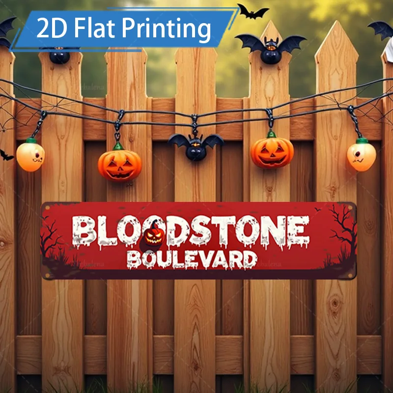 

1 шт. металлический знак, 4x16 дюймов, знак «Бульвар» с кровавым камнем на Хэллоуин, 2D плоская печать, декор «Жуткий тыква» летучая мышь»