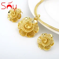 Sunny Jewelry Set African Brazilian Classic Flower Earrings Pendant Necklace Women Dubai 18K Gold Plated Copper Jewellery Gift