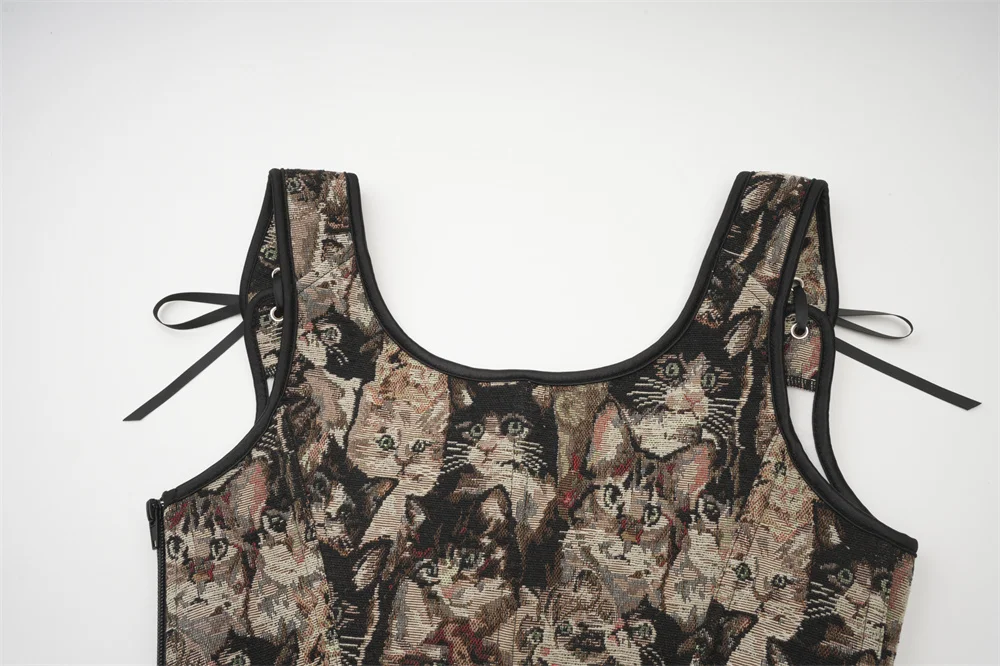 Brown Cat Print Overbust Lace Up Corset Vest Women Vintage Clothes Gothic Bustier Top Steampunk Korsett shapewear Waist Trainer
