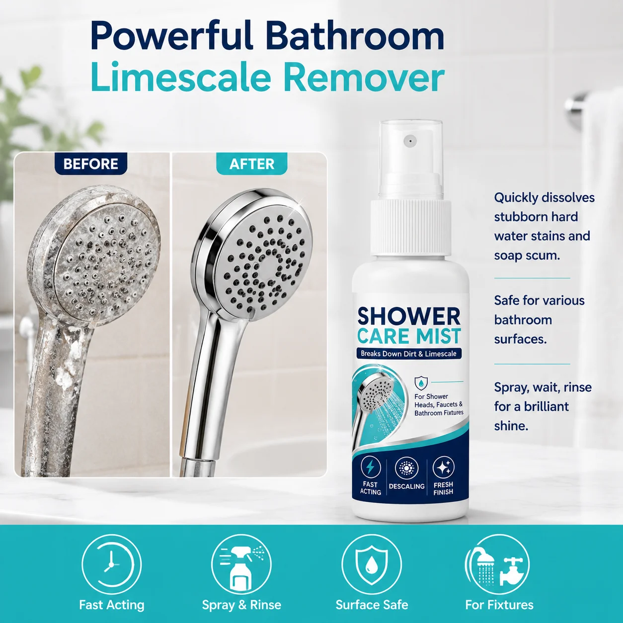 Limescale Remover Spray Fast Dissolving Bathroom Hardware Cleaner for Shower Faucets Stainless Steel Polishing Agent