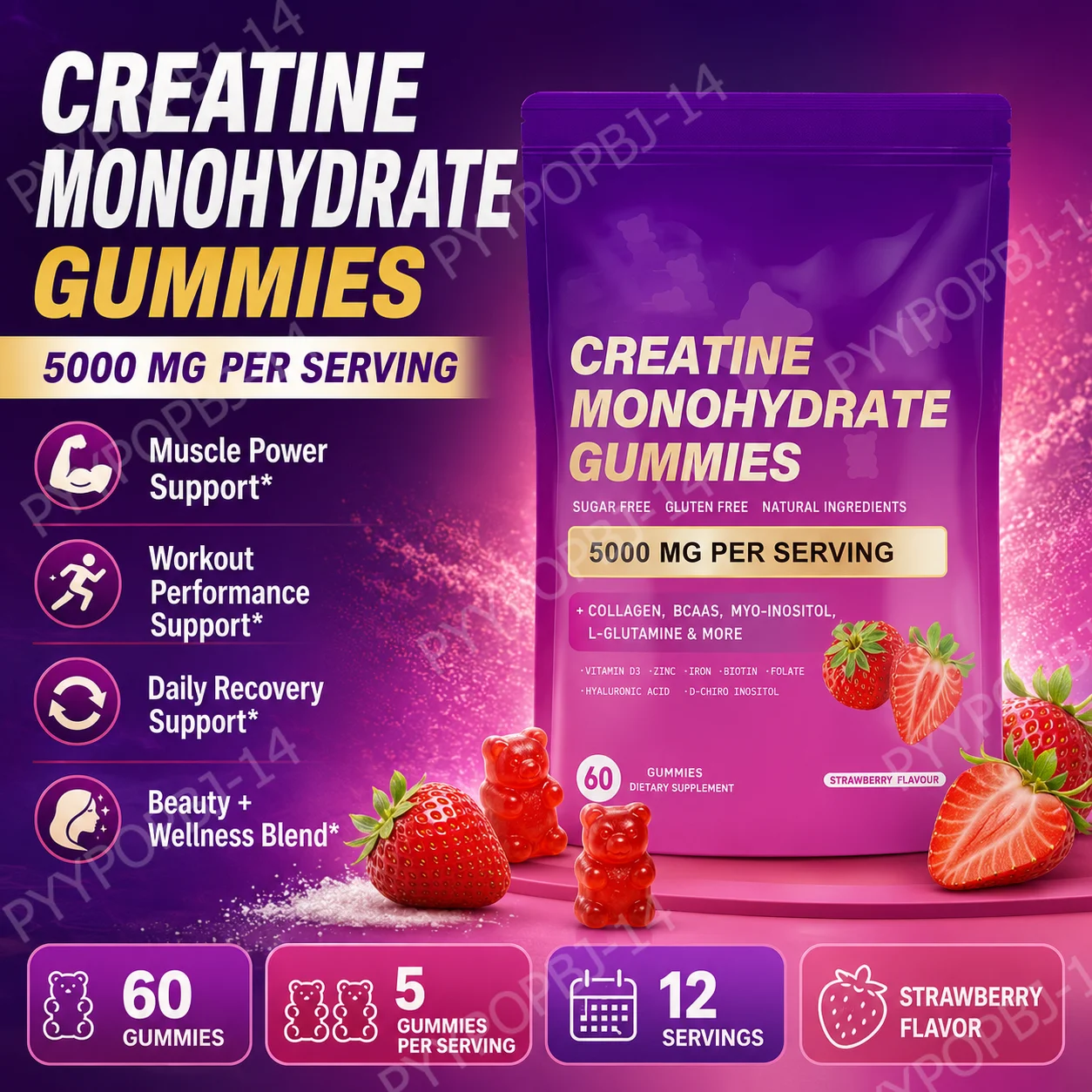 Gomitas de Creatina Monohidrato 5000mg por Porción, 60 Unidades, Sin Azúcar, Sin Gluten, Sabor Fresa, Suplemento Diario