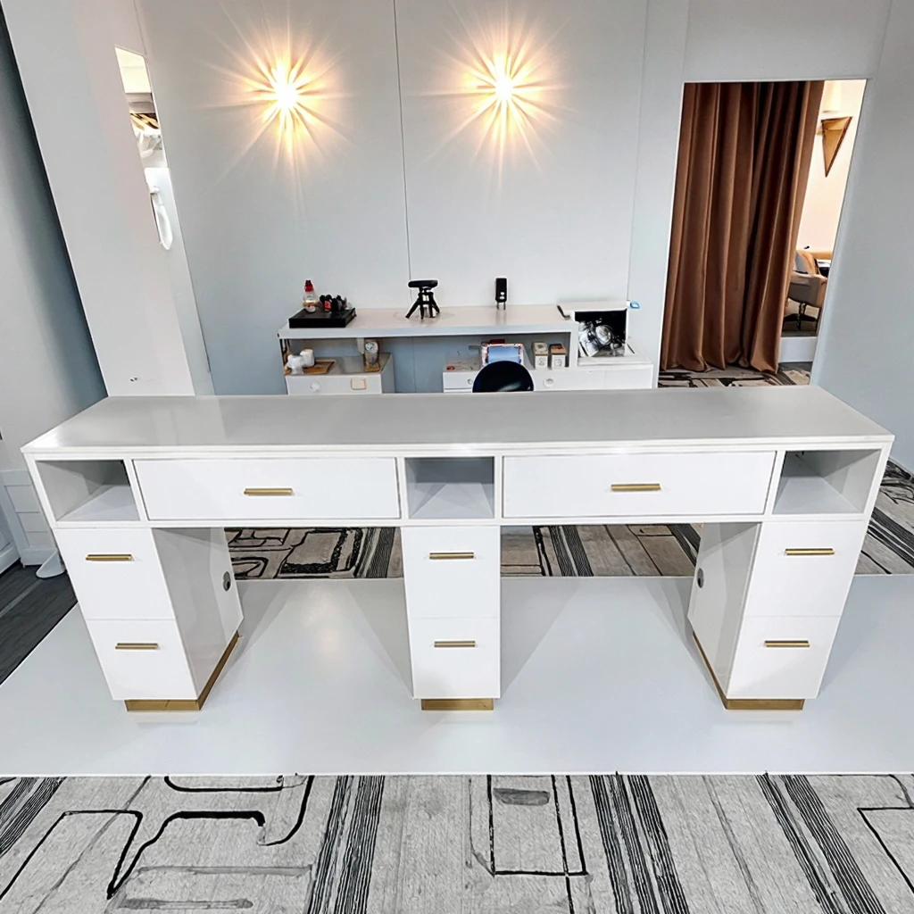 Custom Size & Color Double Manicure Table - MDF Furniture with Marble Top, Drawers & Built-in Vacuum Cleaner