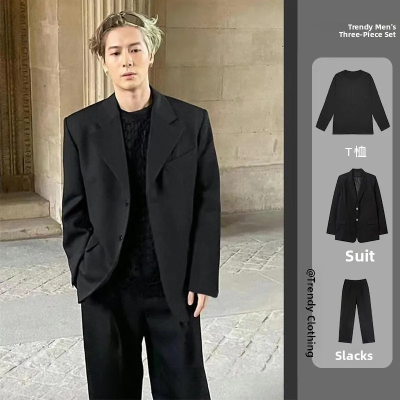 

Wang Jiawu Men's Suiting Set Casual oulder Pad Briti Sle Loose Fit Dk Jaet Youthful Energy Autumn Long Sve C...