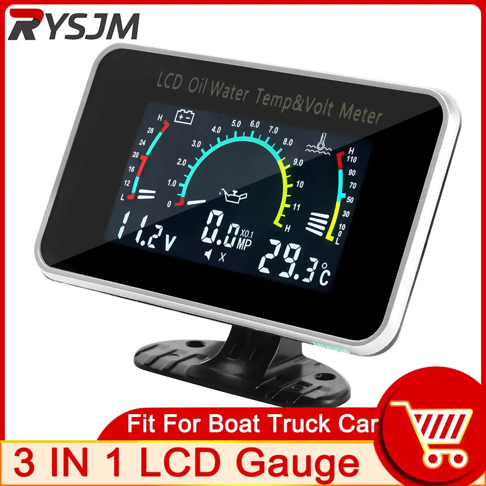 

HD 3 In 1 LCD Digital Display Car Voltmeter Thermometer Water Temp Gauge with Sensor 10MM Oil Pressure Gauge Monitor Voltage