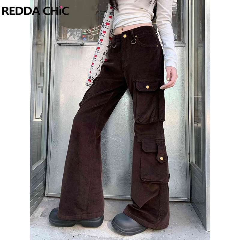 

Женские коричневые вельветовые брюки ReddaChic с множеством карманов, свободного кроя, с низкой талией, расклешенные, повседневные, в стиле карго, ретро, модные, уличный стиль