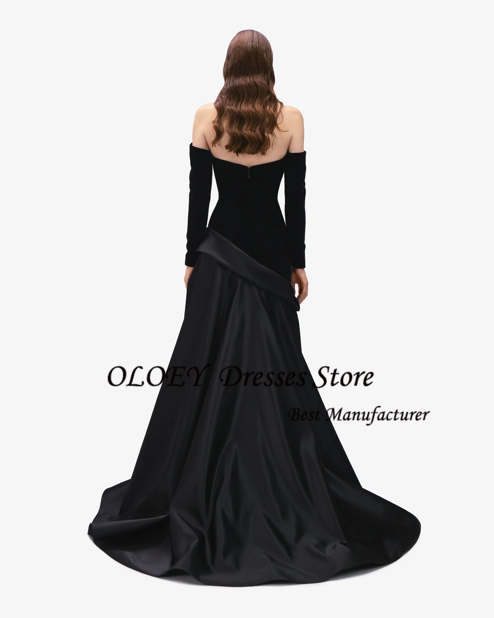 فساتين OLOEY أنيقة سوداء للحفلات الراقصة من الساتان المخملي بأكمام طويلة فستان سهرة عربي سعودي مخصص قبالة الكتف