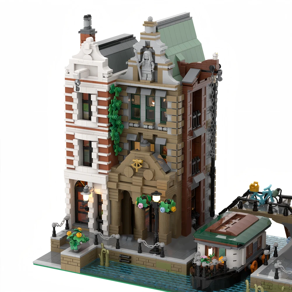 MOC Hot Sale City Building Dutch District Cafe Modular Maritime Museum Street Scene DIY Building Blocks Boy Toys New Year Gift