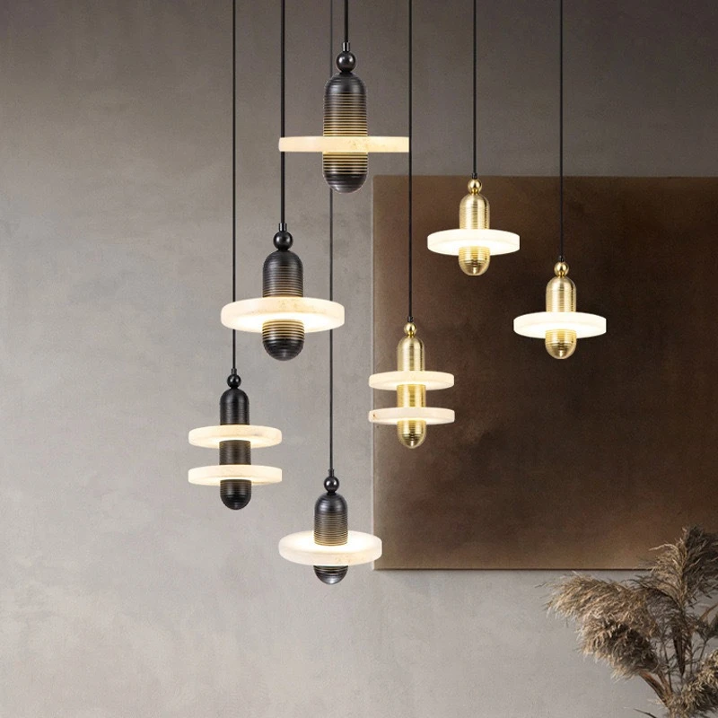 

Natural Marble LED Hanging Pendant Light Gold Black Aluminum Adjustable Cord for Bedroom Dining Room Bedside Decor