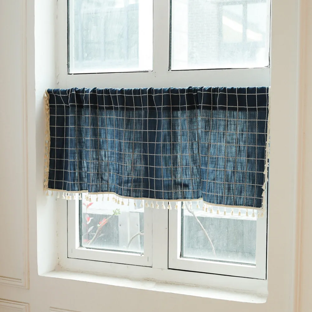 

Stylish Cotton Linen Short Curtain Featuring Elegant Lattice Design Comfortable Fringed Lace Trim Ideal for Bedroom Partition