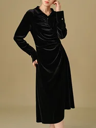 DUSHU Women Black Velvet Dress Elegant Style Winter Thicken Long Sleeve Dresses Polo Neck Asymmetric Black Long Dress 24DH84024