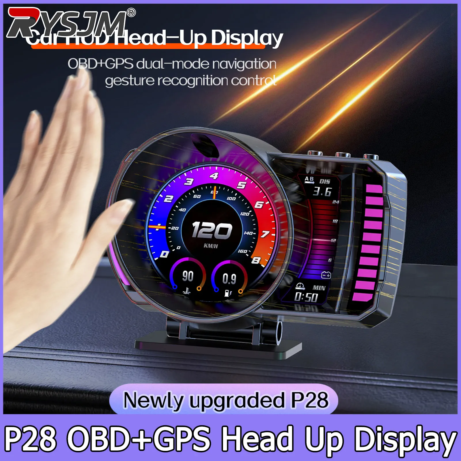 Car Head up Display P28 OBD GPS HUD Liquid Crystal Multifunctional Instrument Display Speedometer Pressure Water Temp Turbine