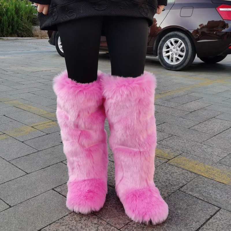 Winter Plush Knee High Boots Women Plush Imitation Fox Fur Long Warm Shoes Designer Luxury Knee-high Boots Fur Boots Girl