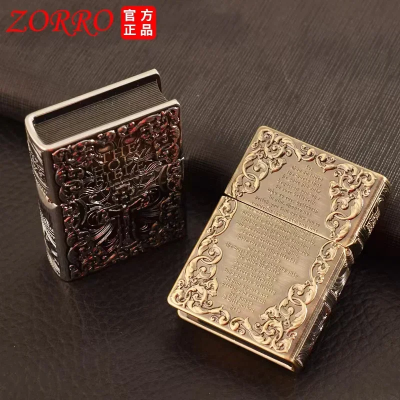 ZORRO Armor Bible Embossed Pure Copper Kerosene Lighter Classic Grinding Wheel Ignition Windproof Cigarette Accessories Gadgets