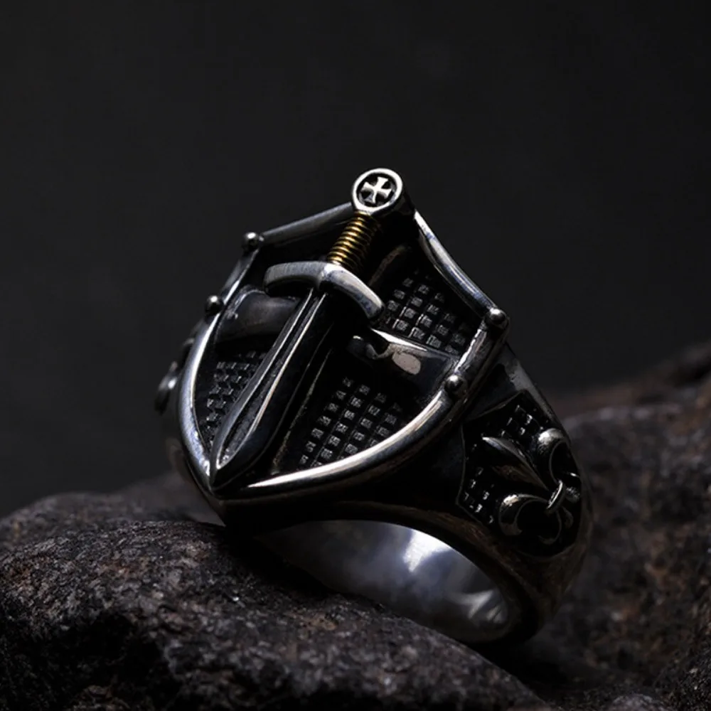 Retro Minimalist Niche Men's Open Ring Medieval Templar Shield Adjustable Size Ring Fashion Trend Accessories Jewelry Gifts