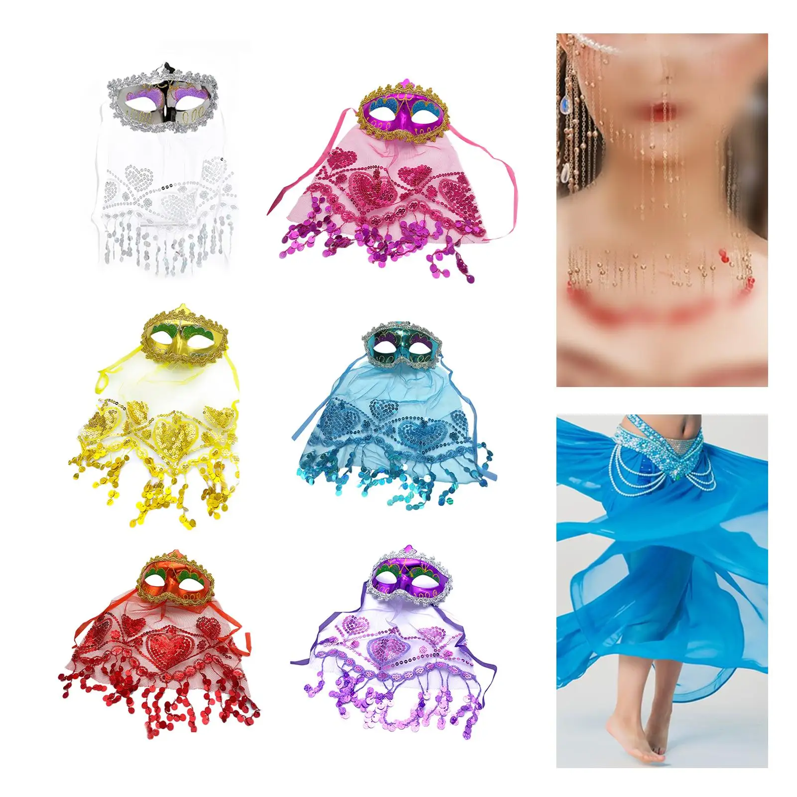 여성용 벨리 댄스 페이스 베일 아이 마스크 리본 스트랩 포함 할로윈 의상 무대 공연 나이트 클럽 카니발용