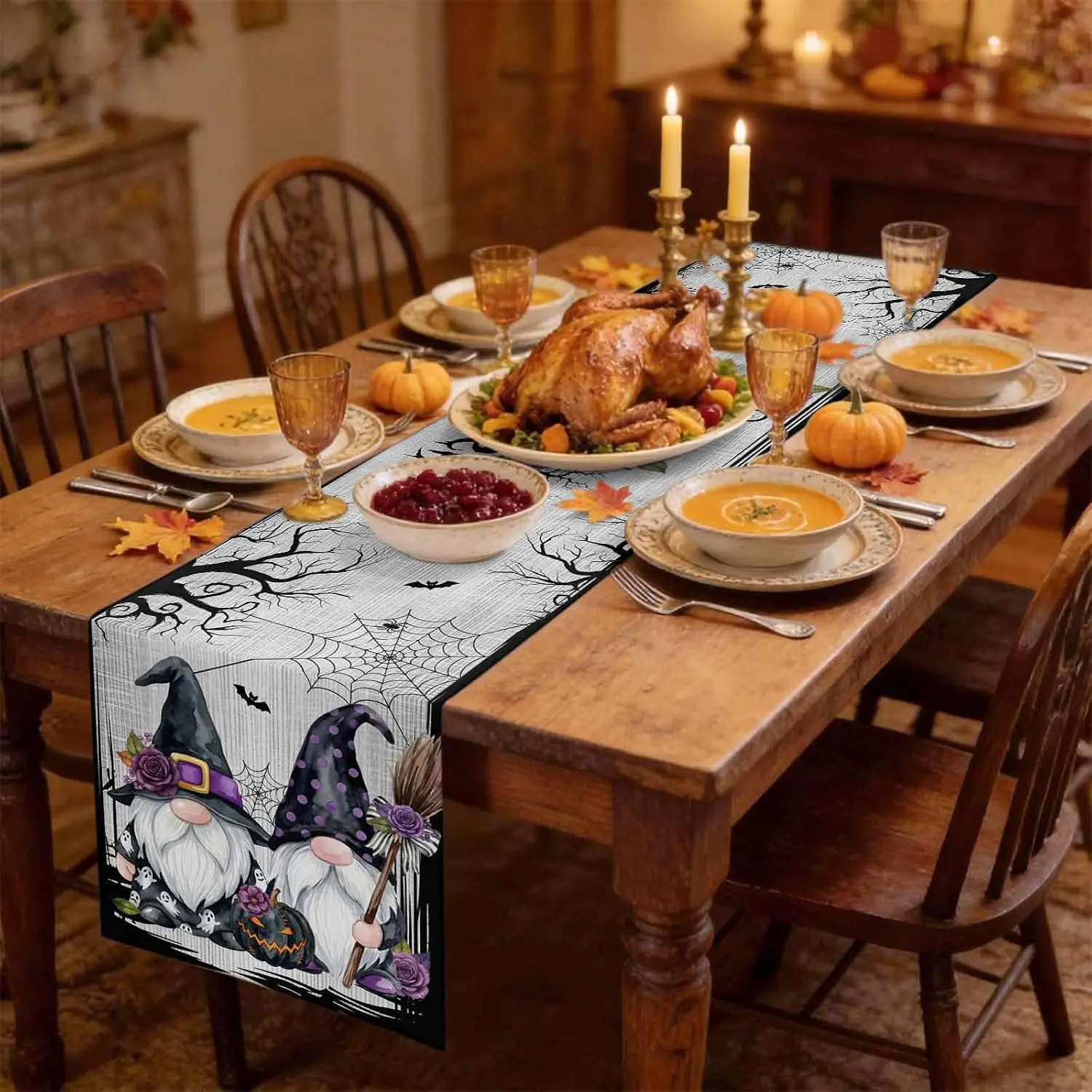 Halloween Spooky Gnomes Bats Floral Linen Table Runner Home Decor Washable Kitchen Dining Table Runners Halloween Decorations