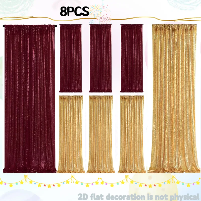 

8 Pieces Burgundy&Gold Sequin Fabric Backdrop 2ftx8ft, Shiny Drapes for Gender Reveal Event, Thanksgiving Dinner & Wedding Cerem
