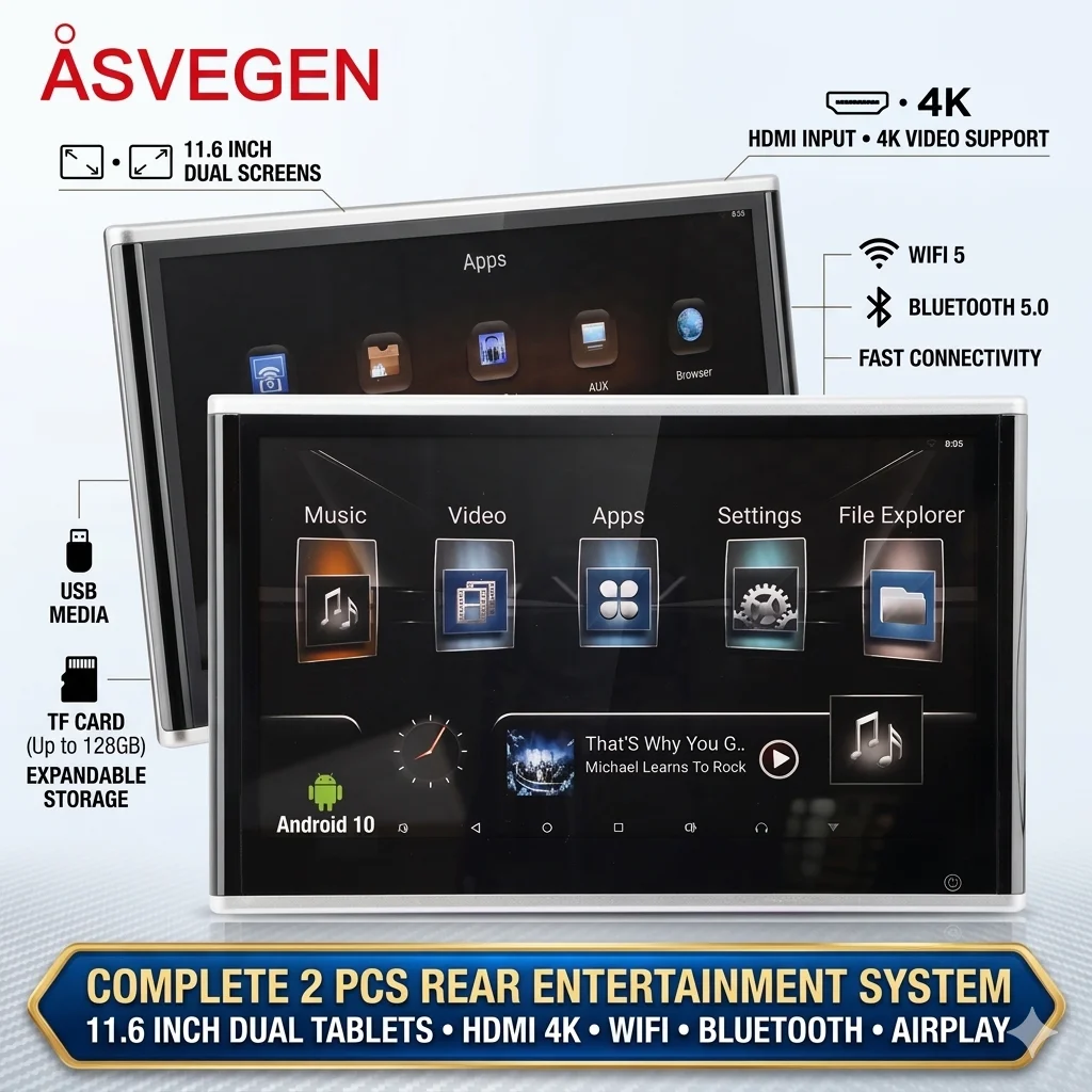 

11.6 Inch Universal Car Headrest Rear Monitor HDMI 4K Video Player Android 10 WIFI Bluetooth USB Airplay Tablet 2 Screens