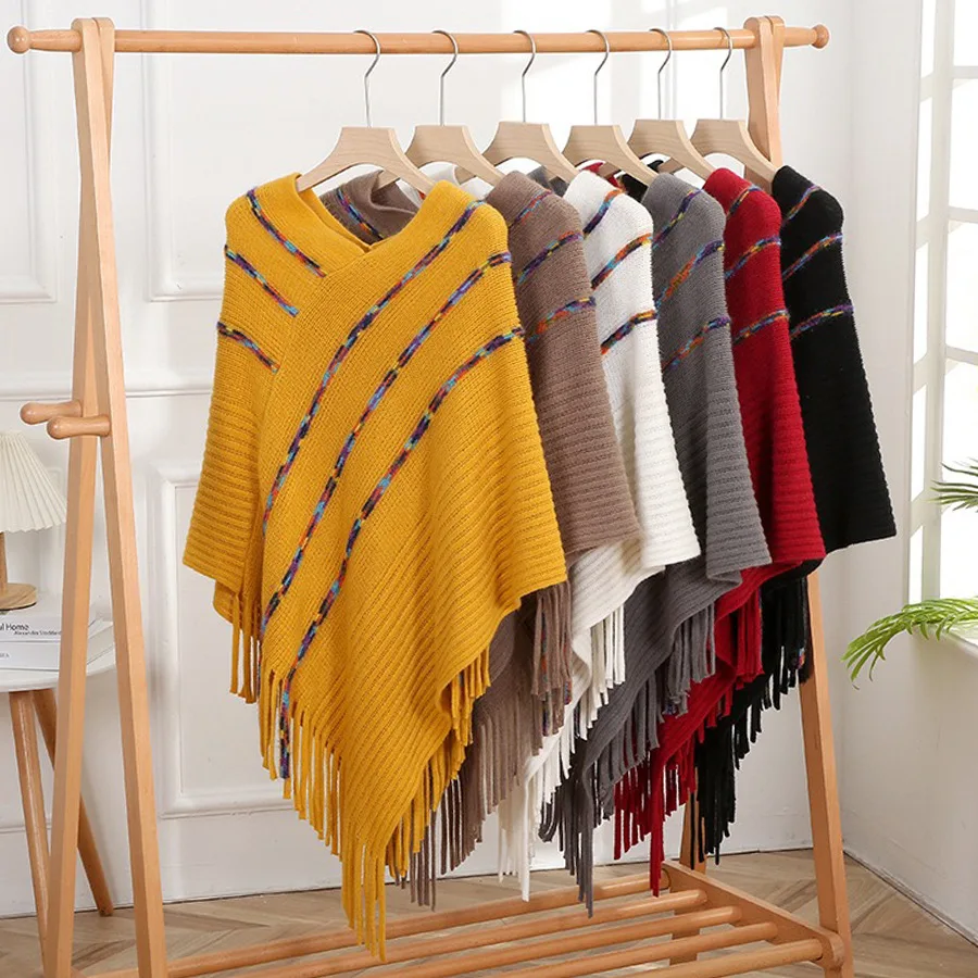 Eid Al-Fitr New Ethnic Style Striped Shawl Women's Color Fringed Pullover Knitted Cape with Long Outside