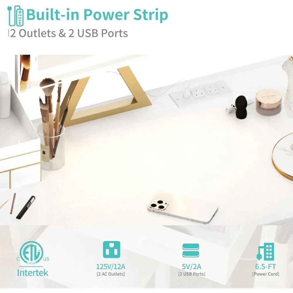 مكتب مكياج صغير من Lufeiya مع مرآة وإضاءة، طقم مكاتب زينة بيضاء مقاس 32 بوصة مع أدراج قماشية للفتيات المراهقات، فستان #6