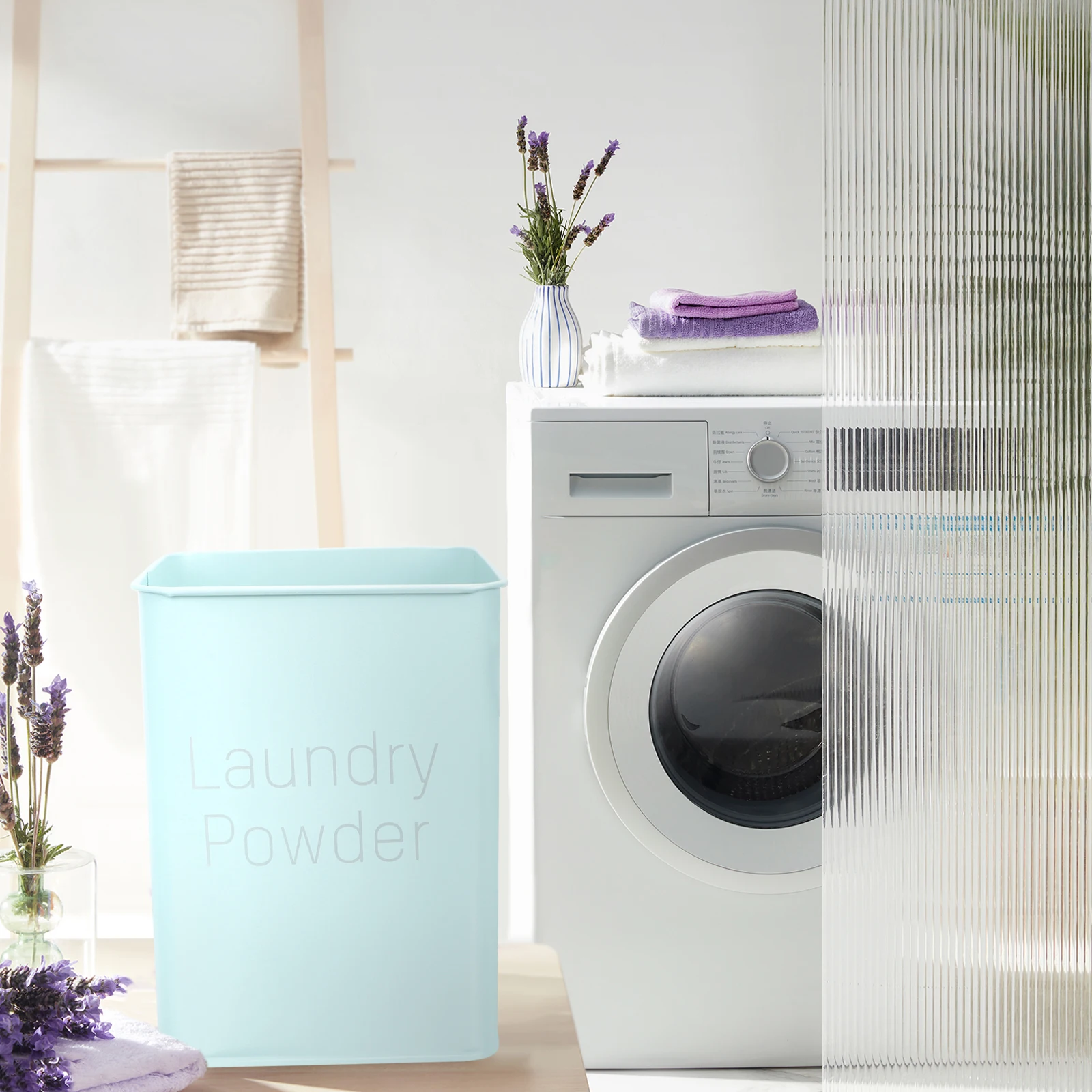 

1 set Laundry Powder Storage Bucket Detergent Holder Metal Container Sky Blue Easy Clean Multipurpose Household Iron Bucket