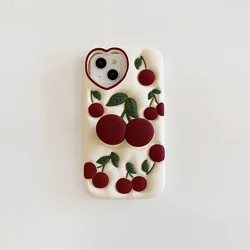 Funny Cartoon 3D Cherry Kickstand Case for iPhone 15 Pro Max/14/13/12/11 Love Heart Camera Ring  Soft Silicone  Funda 14 Pro