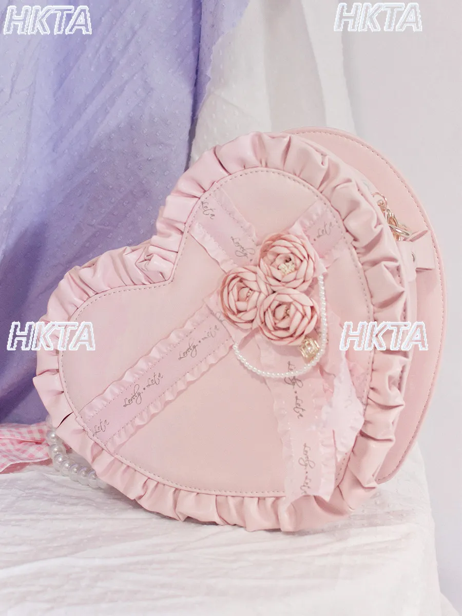 Japanese Pleated Pearl Flower Wedding Rose Letters Large Capacity Bag Sweet Cute Love Crossbody Bag Lolita Backpacks Women