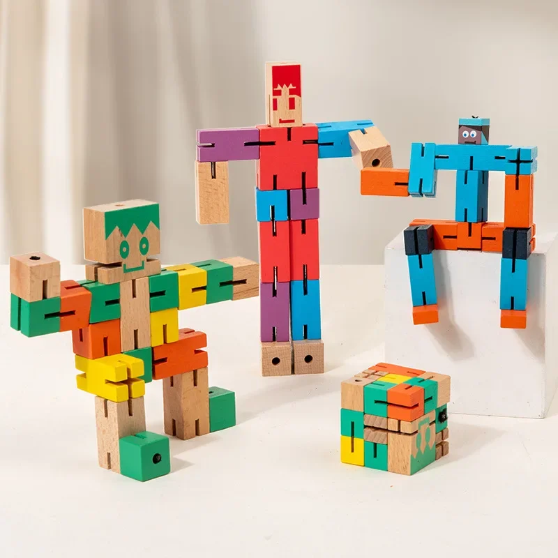 Boneka kayu robot serbaguna kayu anak-anak baru yang dapat diubah bentuk blok bangunan dekompresi mainan otak yang dioperasikan dengan tangan