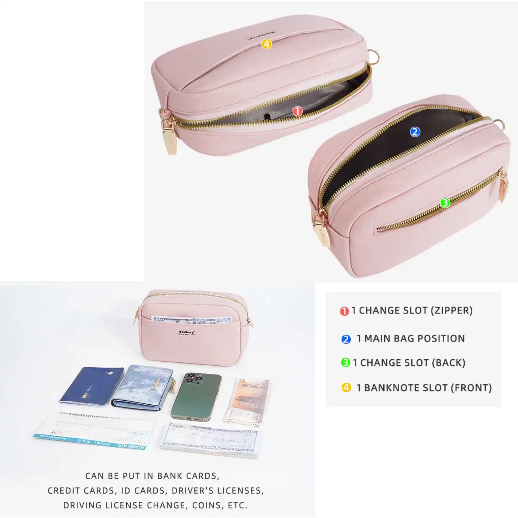 Einfarbig Große Kapazität Zipper Handy Tasche Damen Multifunktionale Schulter Umhängetasche Mode Lässig Kleine Quadratische Tasche – Detail 2