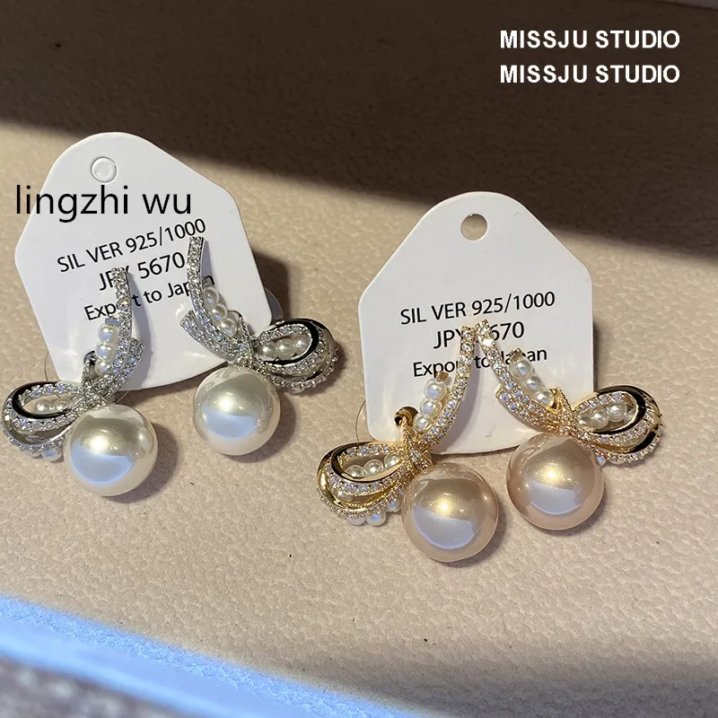 lingzhi wu Women Elegant Earrings Elegant Vintage Bow Stud Earrings Ladies Rice Shape Pearls Ear Decoration French Chic Deco