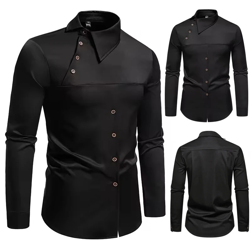 남성 긴팔 셔츠 개성 있는 사선 칼라 남성 드레스 셔츠 캐주얼 남성 상의 의류 셔츠 S01