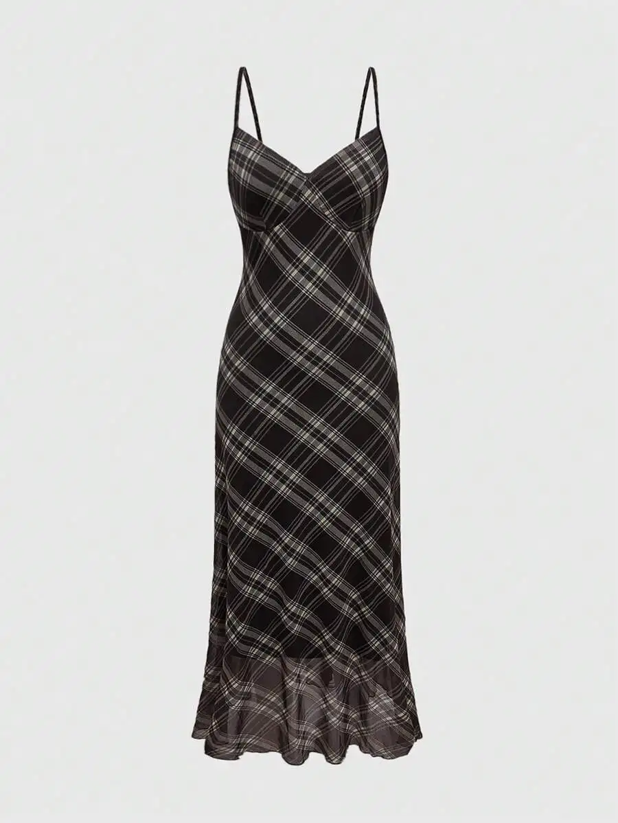 

Plaid Print Cami Dress With V Neck And Thin Straps