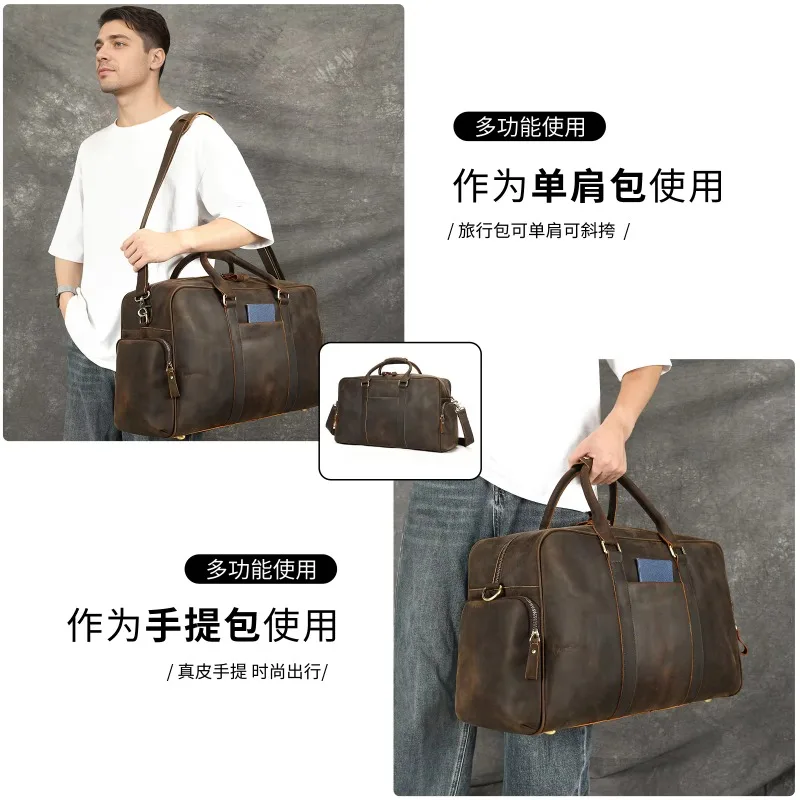Leather Crazy Horse European and American Retro Large-capacity Fitness Bag Short-distance Carry-on Luggage