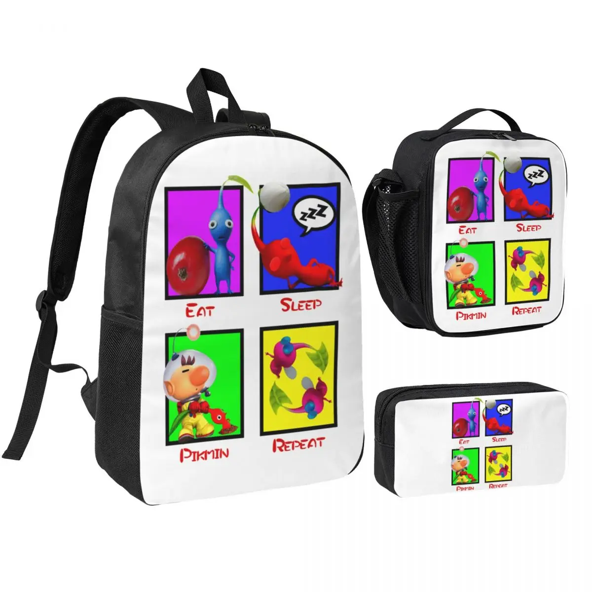 Eat Sleep Pikmin Repeat Backpack Boys Girls BookBag School Bag Shoulder Bags 3ps Insulated Lunch Bag Pencil Case