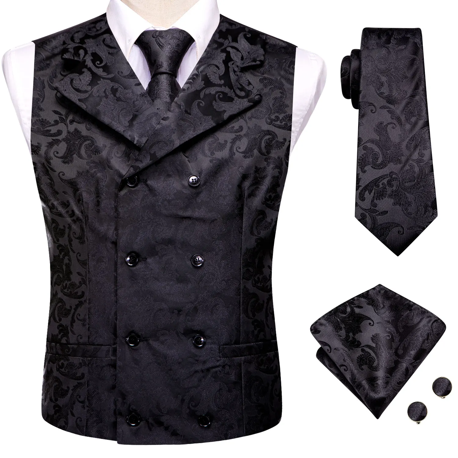 

Hi-Tie Black Silk Mens Vests Fashion Lapel Paisley Jacquard Waistcoat Jacket NeckTie Hanky Cufflinks for Men Business Party Gift