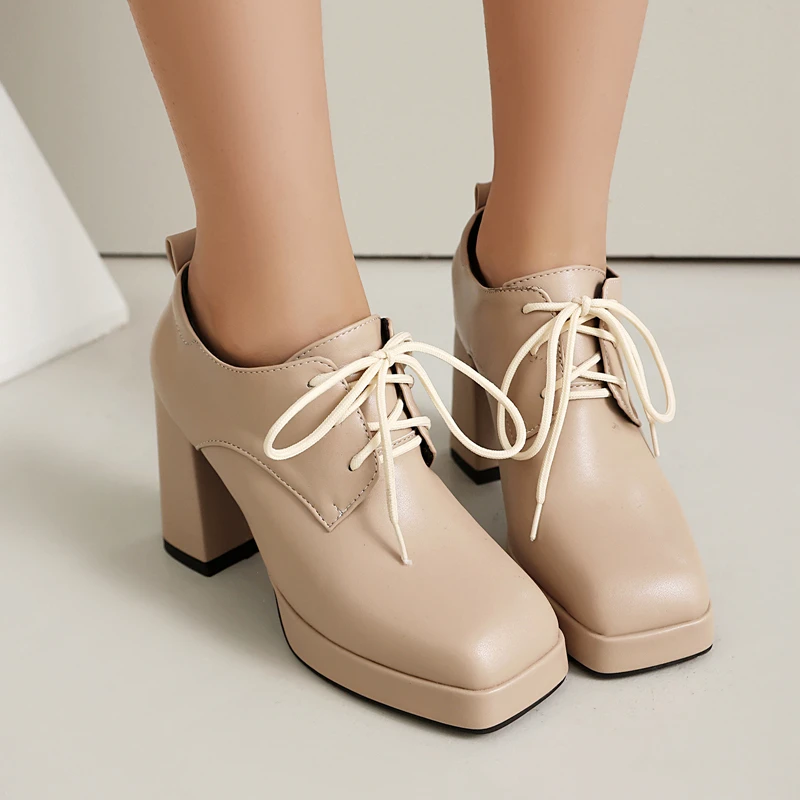 

British Style Spring New Punk High Heels Shoes Women Square Toe Pu Leather Platform Lace Up Chunky Ankle Pumps Footwear Big Size
